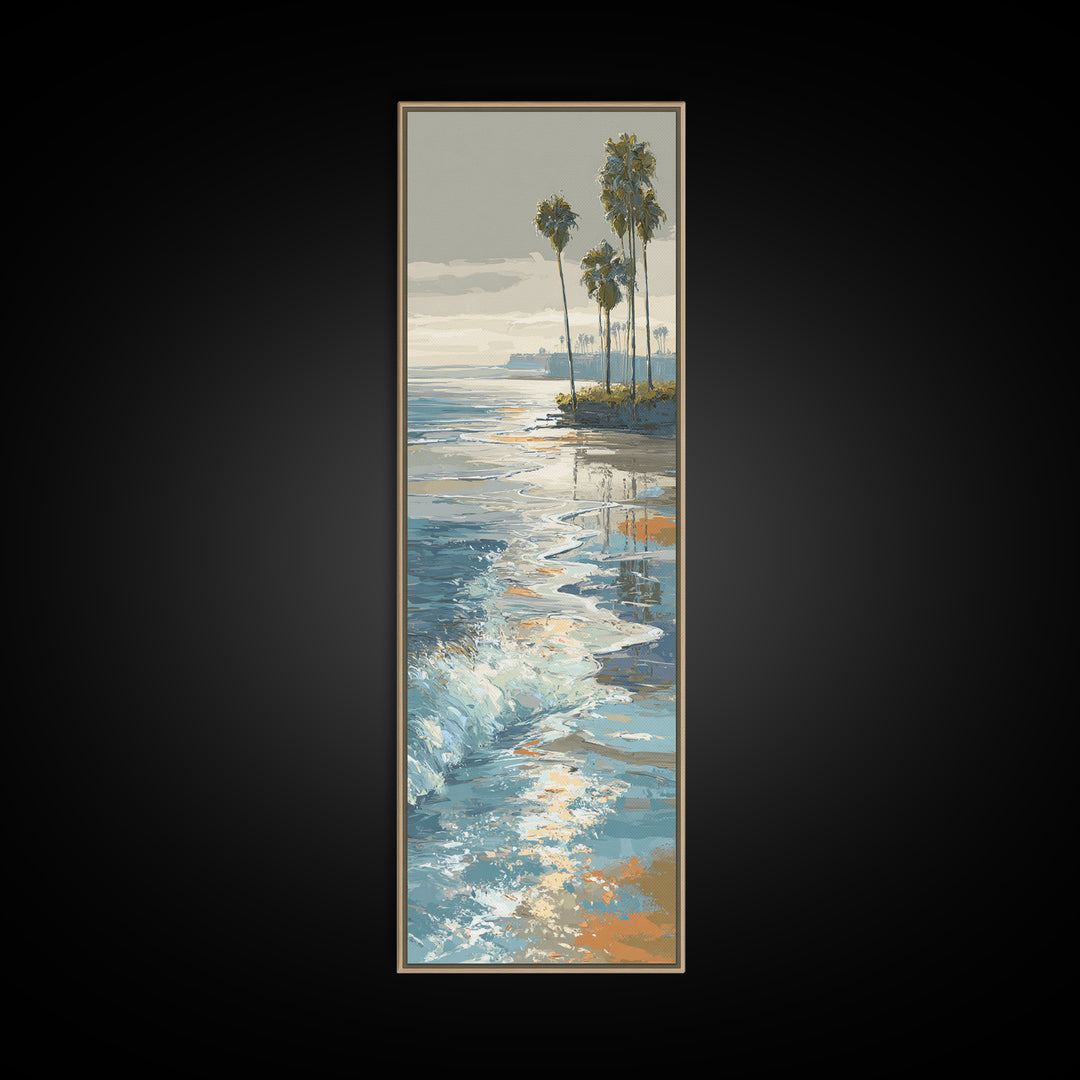 Moonlit Ocean with Silver Surf Framed Canvas Print, Coastal Art, Living Room Art, Coastal Decor, Watercolor Art, Coastal, COA-1x3-58