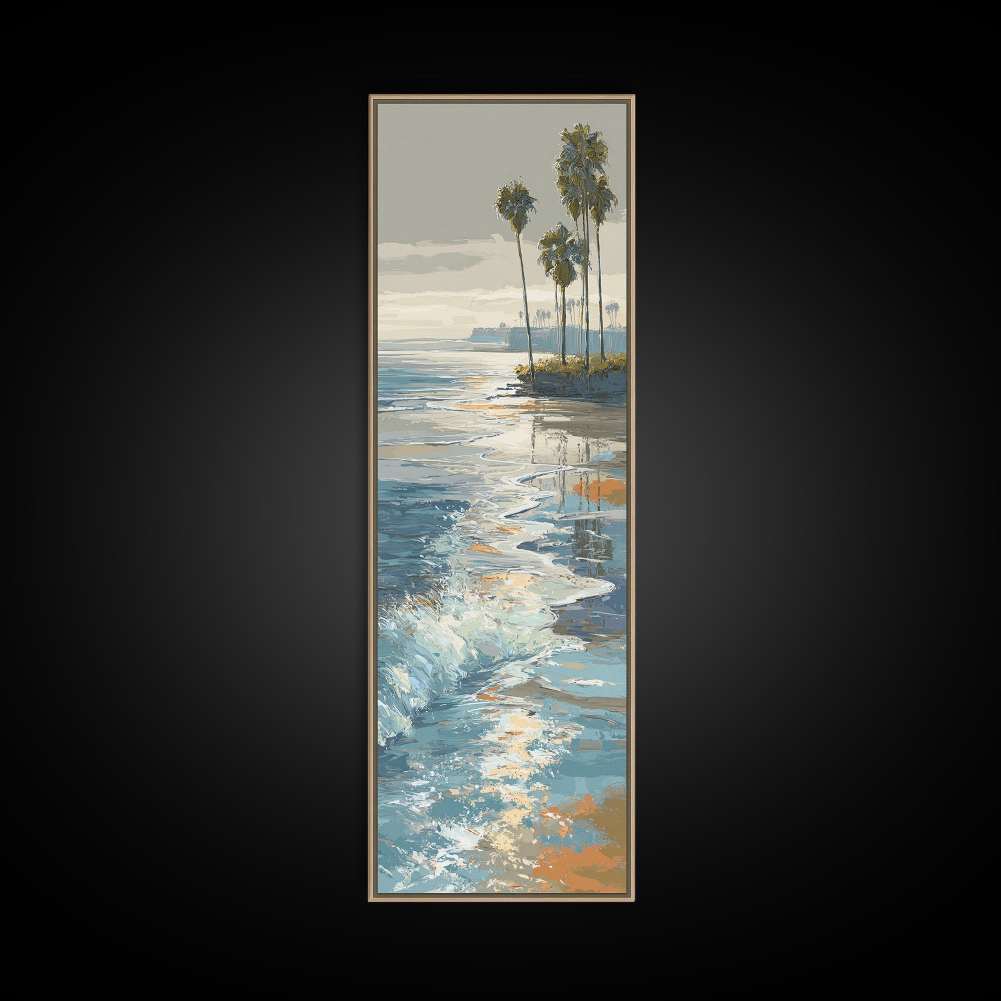 Moonlit Ocean with Silver Surf Framed Canvas Print, Coastal Art, Living Room Art, Coastal Decor, Watercolor Art, Coastal, COA-1x3-58