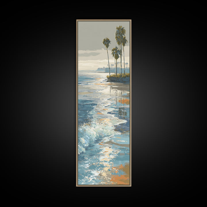 Moonlit Ocean with Silver Surf Framed Canvas Print, Coastal Art, Living Room Art, Coastal Decor, Watercolor Art, Coastal, COA-1x3-58