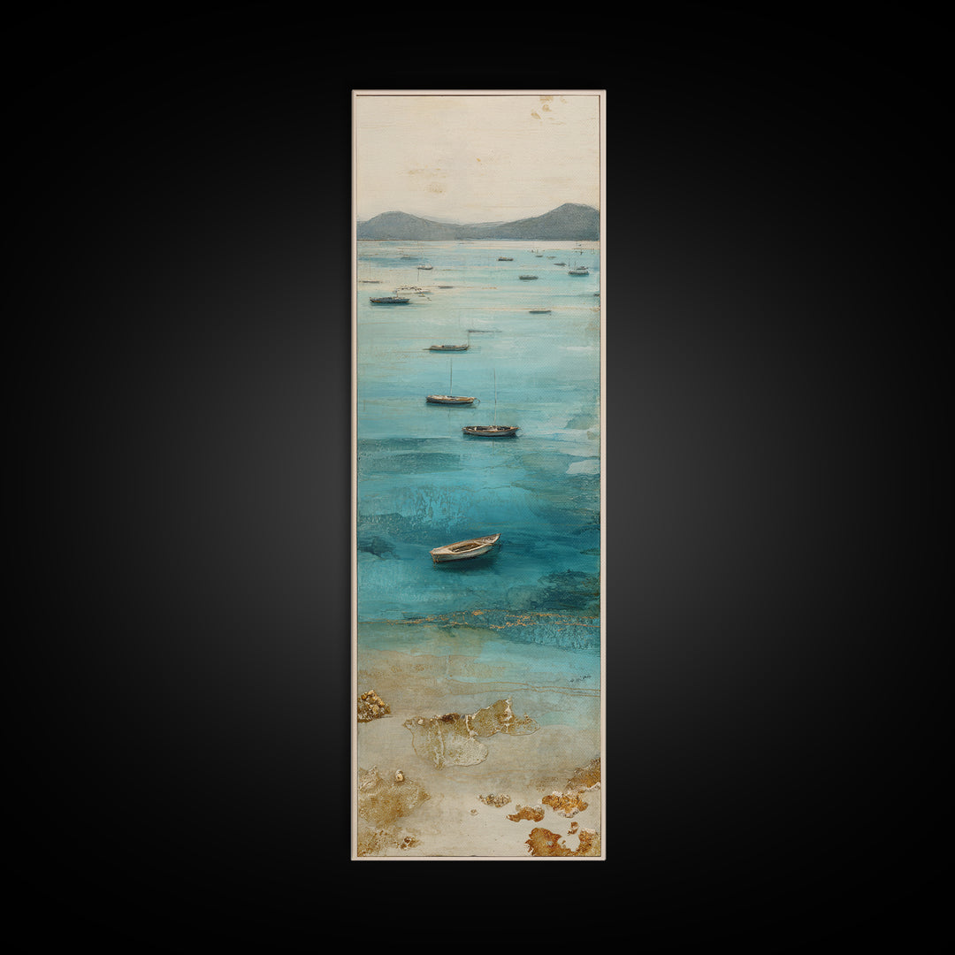 Foggy Harbor with Distant Boats Framed Canvas Print, Coastal Art, Beach Decor, Coastal Decor, Abstract Art, Coastal, COA-1x3-96