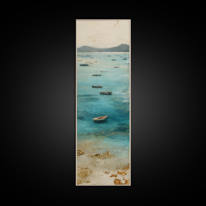 Foggy Harbor with Distant Boats Framed Canvas Print, Coastal Art, Beach Decor, Coastal Decor, Abstract Art, Coastal, COA-1x3-96