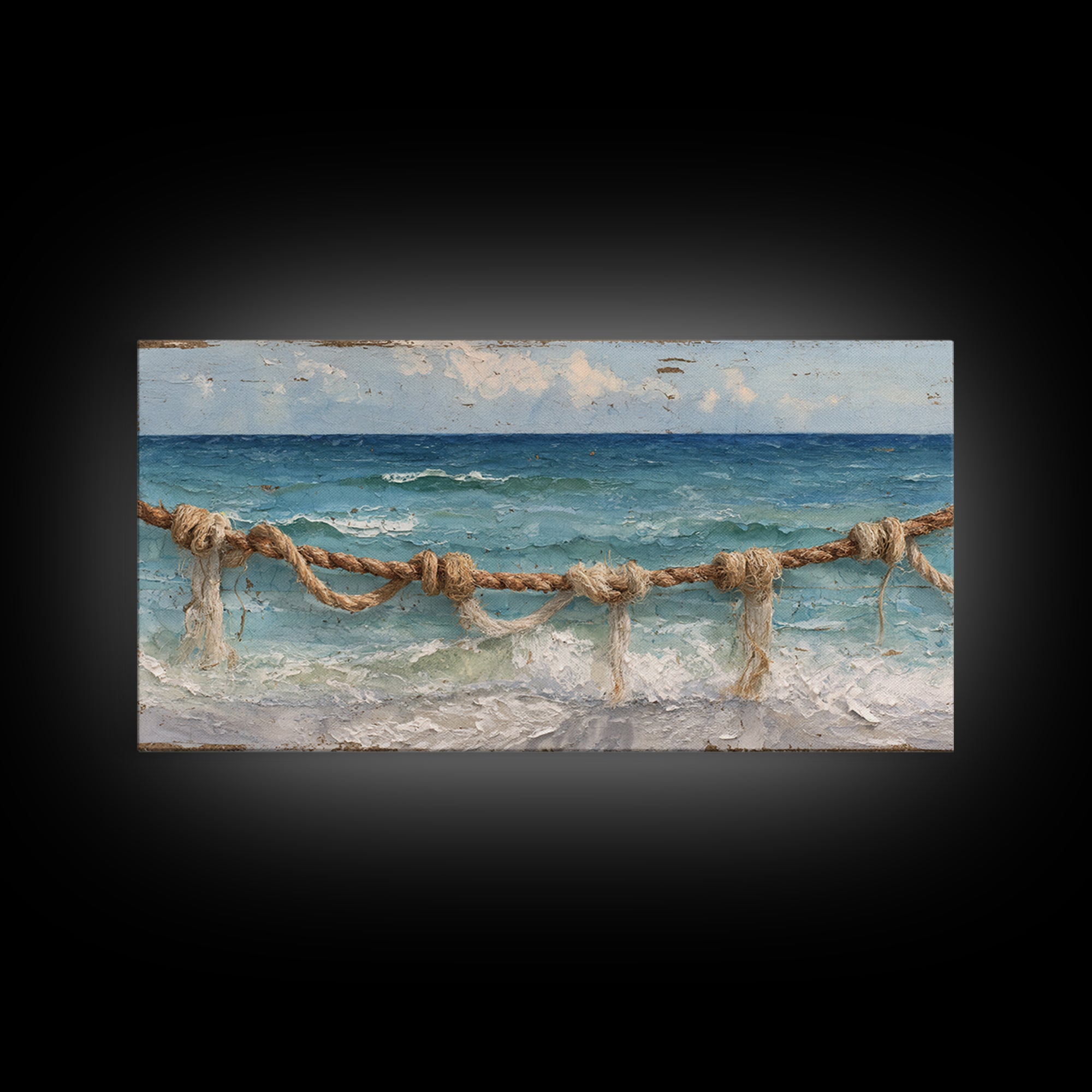 Weathered Nautical Rope and Brass Compass Framed Canvas Print, Coastal Art, Coastal Decor, Oil Painting, Coastal, COA-2x1-35