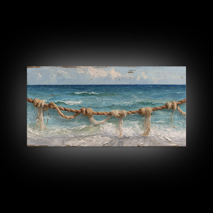 Weathered Nautical Rope and Brass Compass Framed Canvas Print, Coastal Art, Coastal Decor, Oil Painting, Coastal, COA-2x1-35