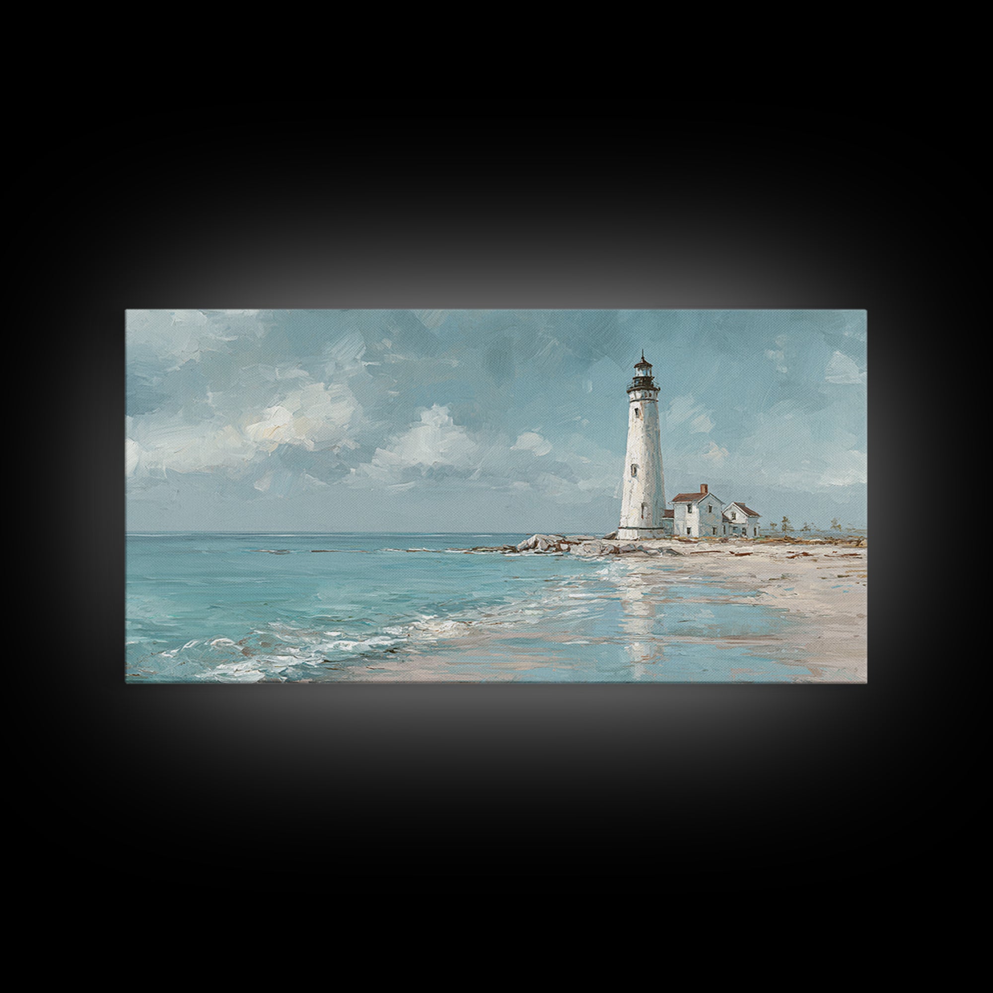 Whitewashed Lighthouse Against Cloudy Sky Framed Canvas Print, Coastal Art, Minimalist Decor, Coastal Decor, Fine Art, Coastal, COA-2x1-50