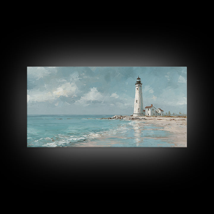 Whitewashed Lighthouse Against Cloudy Sky Framed Canvas Print, Coastal Art, Minimalist Decor, Coastal Decor, Fine Art, Coastal, COA-2x1-50