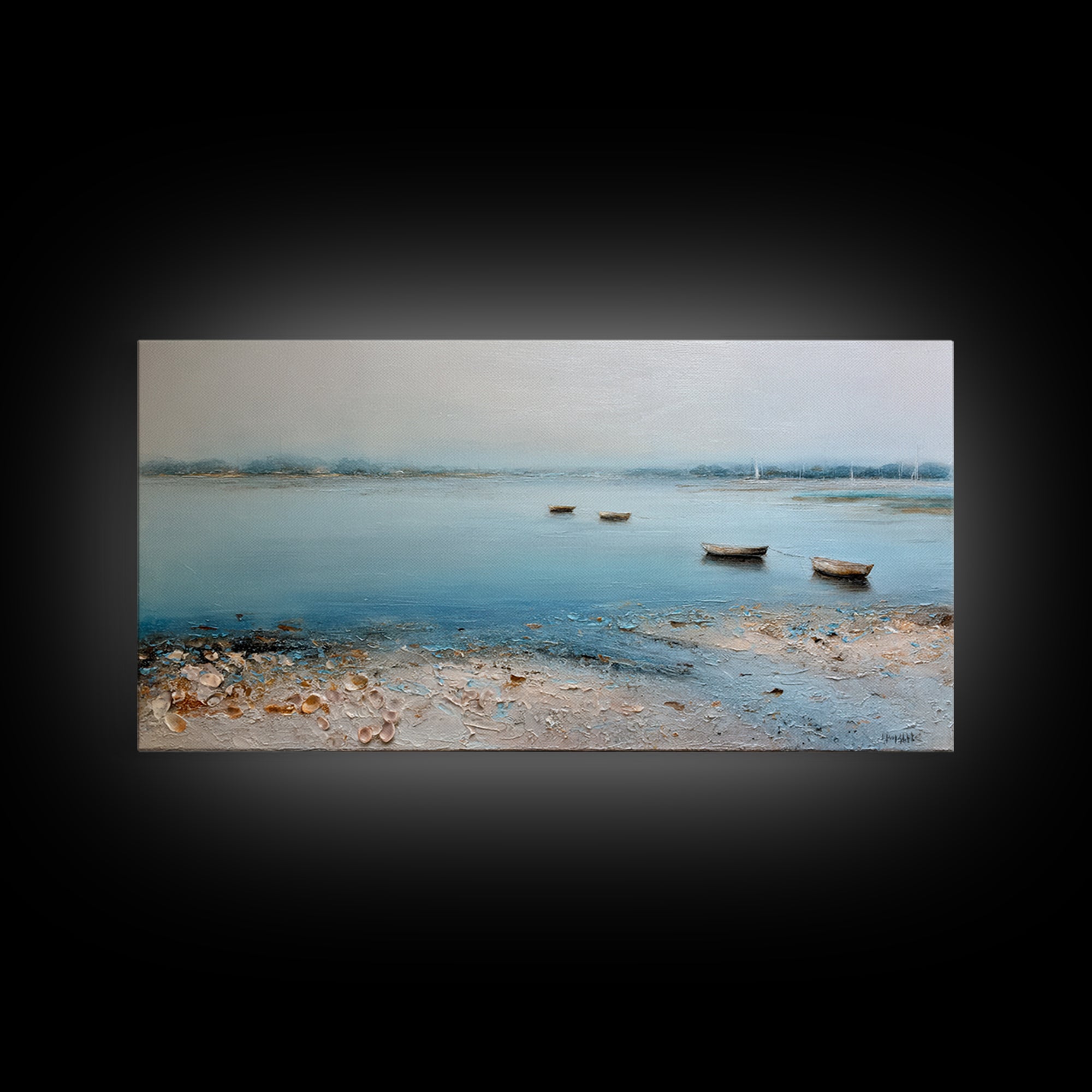 Foggy Harbor with Distant Boats Framed Canvas Print, Coastal Art, Original Painting, Coastal Decor, Fine Art, Coastal, COA-2x1-56
