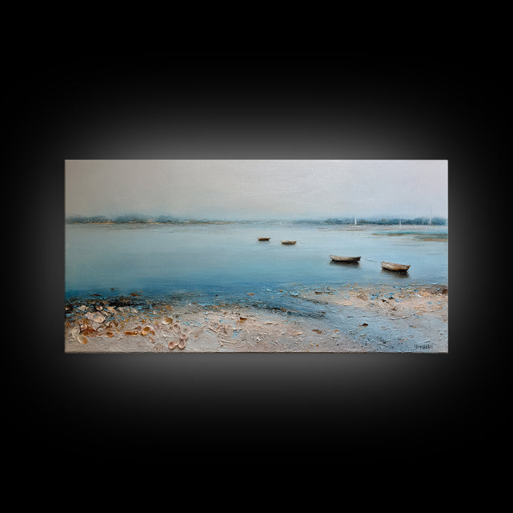 Foggy Harbor with Distant Boats Framed Canvas Print, Coastal Art, Original Painting, Coastal Decor, Fine Art, Coastal, COA-2x1-56