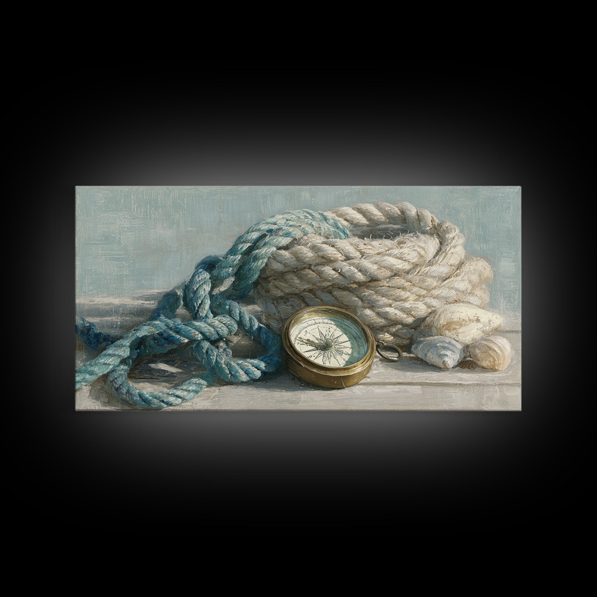 Weathered Nautical Rope and Brass Compass Framed Canvas Print, Coastal Art, Landscape Painting, Coastal Decor, Watercolor Art, COA-2x1-59