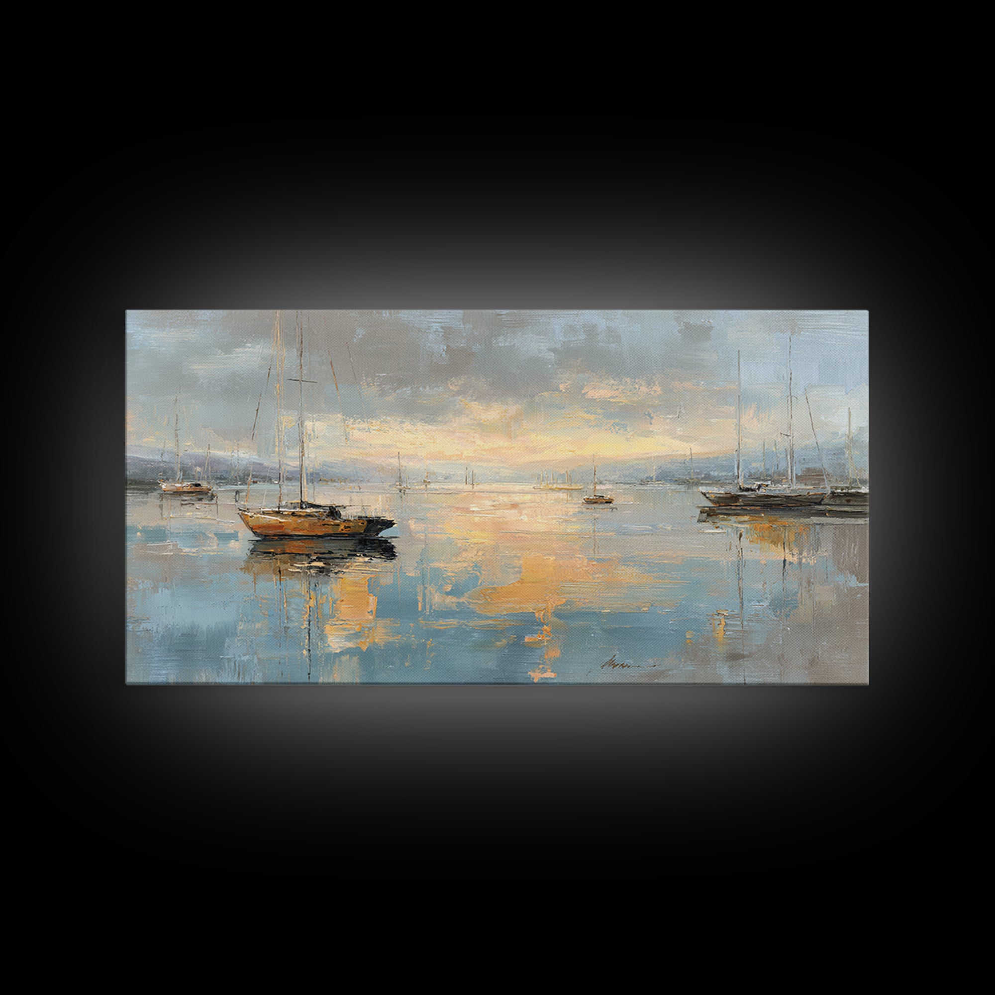 Foggy Harbor with Distant Boats Framed Canvas Print, Coastal Art, Coastal Decor, Fine Art, Coastal, Oyster Art, Gallery Decor, COA-2x1-80