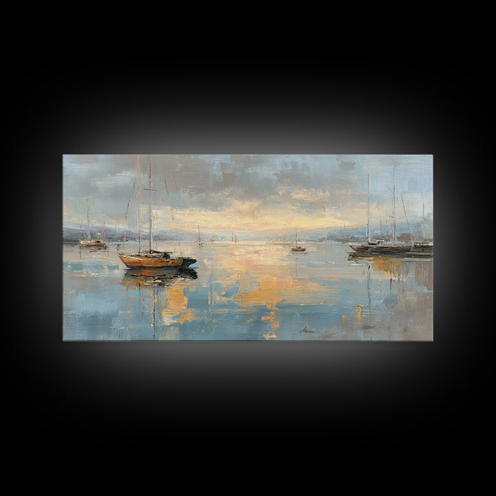 Foggy Harbor with Distant Boats Framed Canvas Print, Coastal Art, Coastal Decor, Fine Art, Coastal, Oyster Art, Gallery Decor, COA-2x1-80