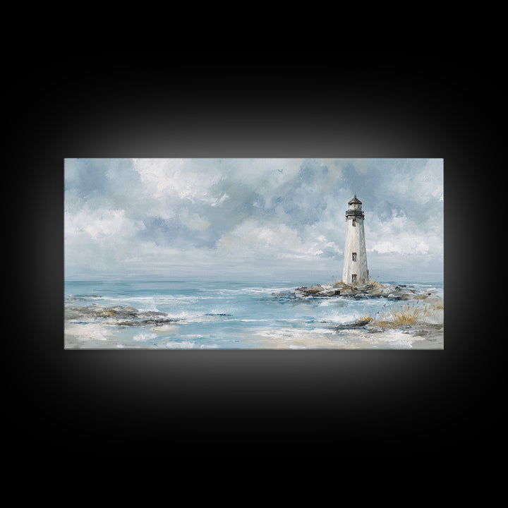 Whitewashed Lighthouse Against Cloudy Sky Canvas Print, Coastal Art, Printable Wall Art, Coastal Decor, Watercolor Art, Coastal, COA-2x1-98