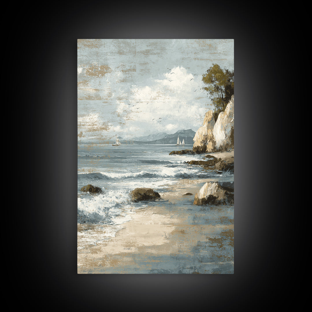 Mediterranean Cove with Cliff Shadows Framed Canvas Print, Coastal Art, Wall Art, Coastal Decor, Fine Art, Coastal, Bird Art, COA-2x3-1