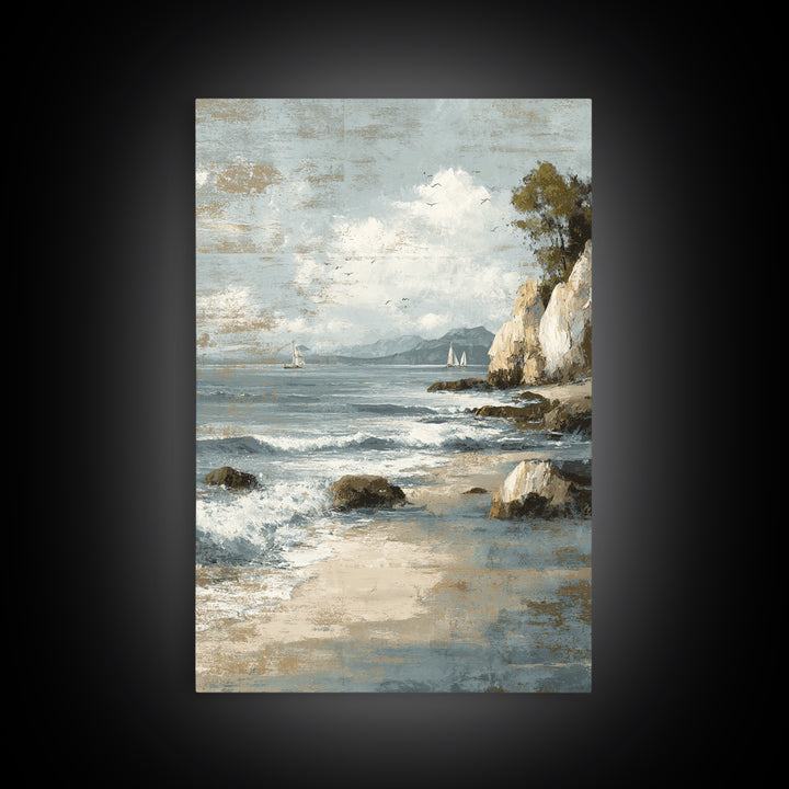 Mediterranean Cove with Cliff Shadows Framed Canvas Print, Coastal Art, Wall Art, Coastal Decor, Fine Art, Coastal, Bird Art, COA-2x3-1
