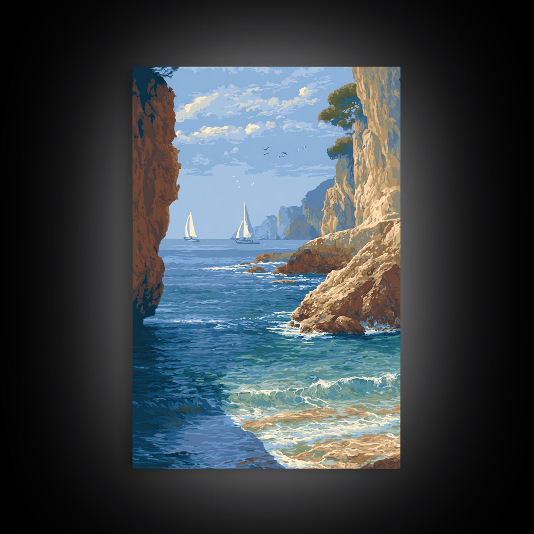 Mediterranean Cove with Cliff Shadows Canvas Print, Coastal Art, Original Art, Coastal Decor, Fine Art, Coastal, Blue Wall Art, COA-2x3-49