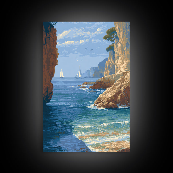 Mediterranean Cove with Cliff Shadows Canvas Print, Coastal Art, Original Art, Coastal Decor, Fine Art, Coastal, Blue Wall Art, COA-2x3-49