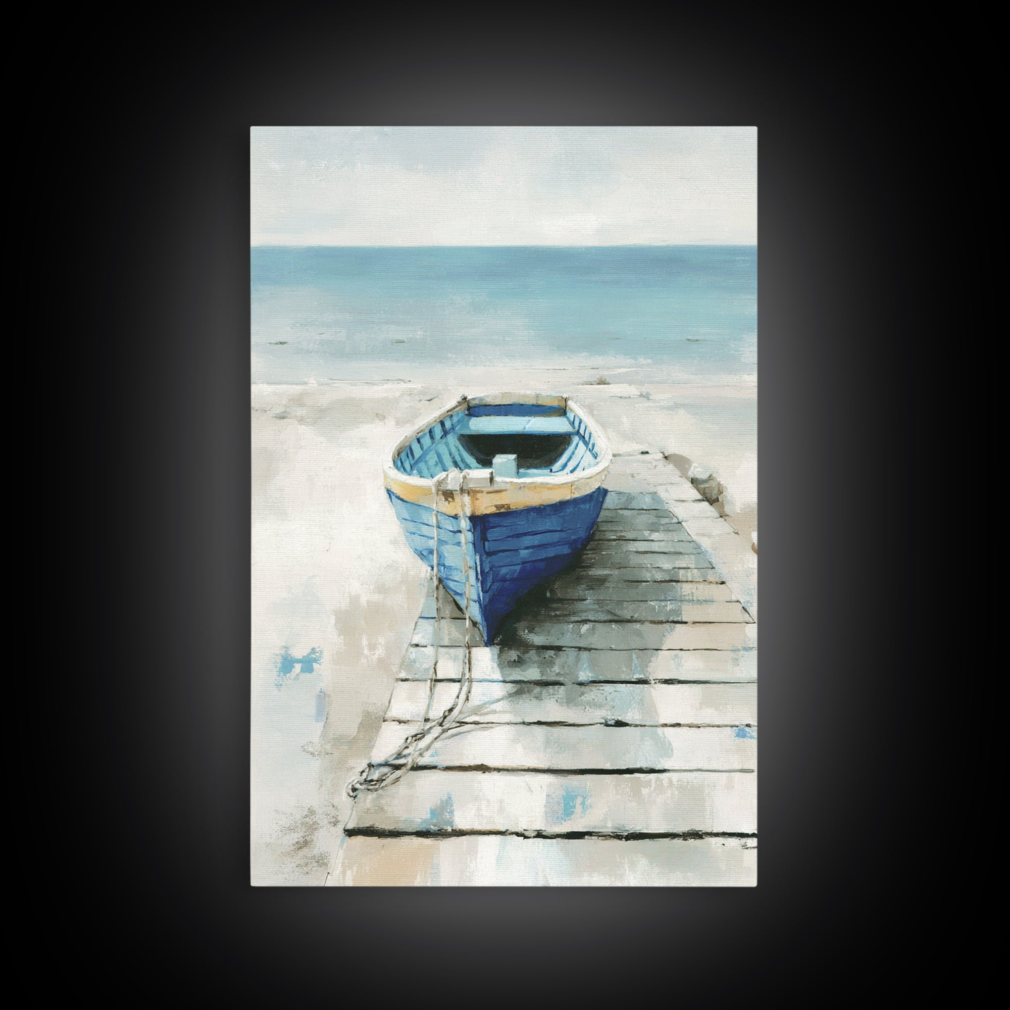 Small Rowboat Tied to a Wooden Dock Framed Canvas Print, Coastal Art, Room Decor, Coastal Decor, Oil Painting, Coastal, COA-2x3-51