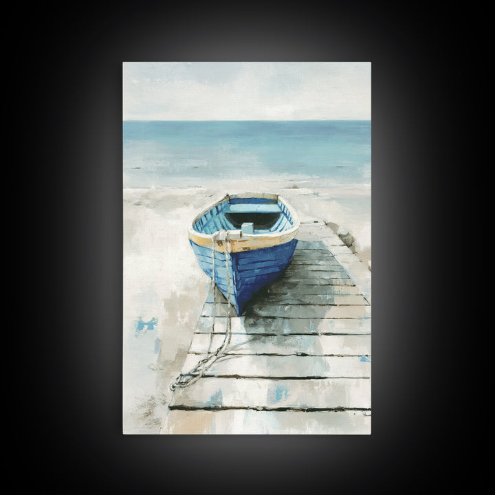 Small Rowboat Tied to a Wooden Dock Framed Canvas Print, Coastal Art, Room Decor, Coastal Decor, Oil Painting, Coastal, COA-2x3-51