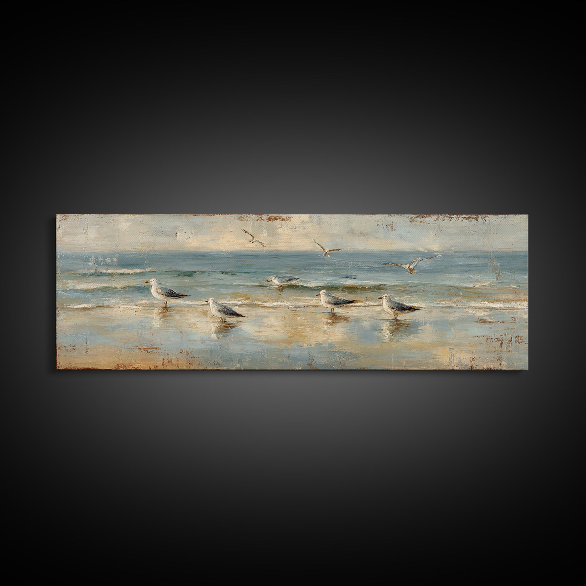 Seagulls Crossing a Muted Sky Framed Canvas Print, Coastal Art, Original Painting, Coastal Decor, Coastal, Beach Decor, COA-3x1-2