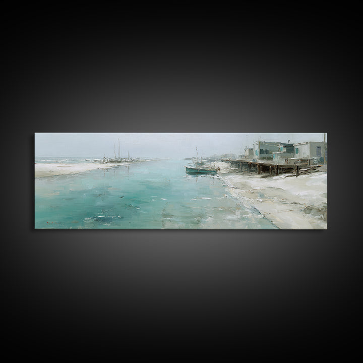 Foggy Harbor with Distant Boats Framed Canvas Print, Coastal Art, Ocean Wall Art, Coastal Decor, Oil Painting, Coastal, COA-3x1-28
