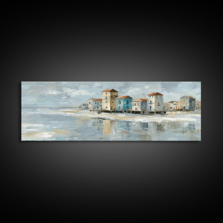 Coastal Village Rooftops Seen from the Sea Framed Canvas Print, Coastal Art, Living Room Art, Coastal Decor, Fine Art, Coastal, COA-3x1-73
