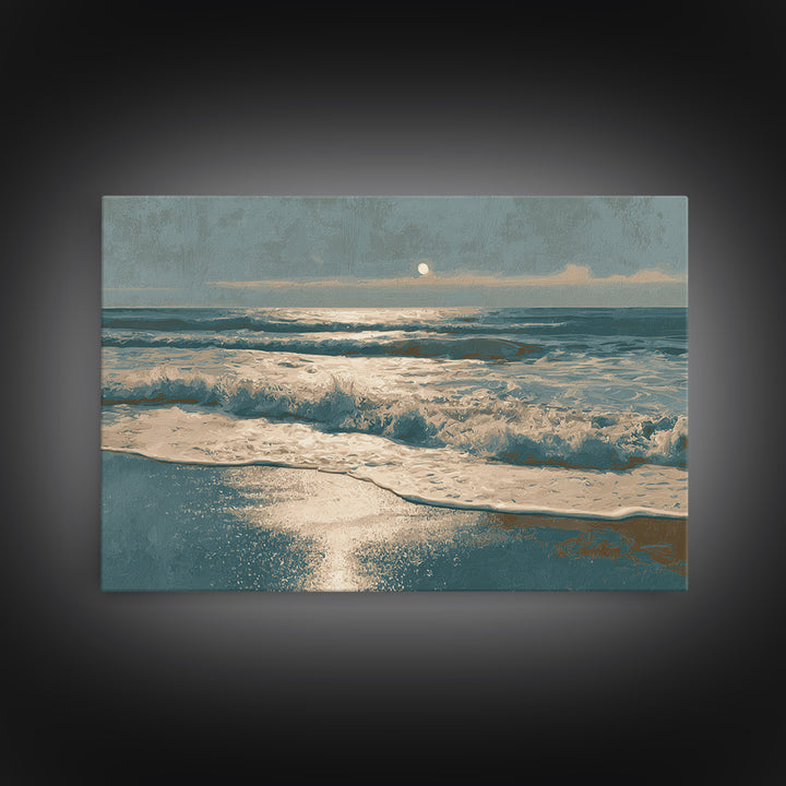 Moonlit Ocean with Silver Surf Framed Canvas Print, Coastal Art, Printable Wall Art, Coastal Decor, Fine Art, Coastal, COA-3x2-2