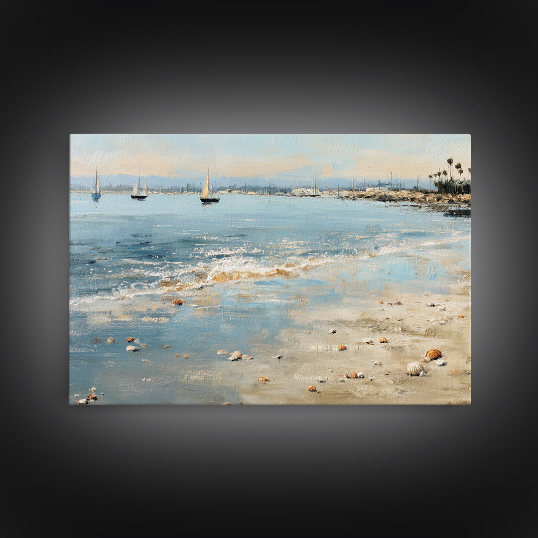 Foggy Harbor with Distant Boats Framed Canvas Print, Coastal Art, Beach Wall Art, Coastal Decor, Oil Painting, Coastal, COA-3x2-40