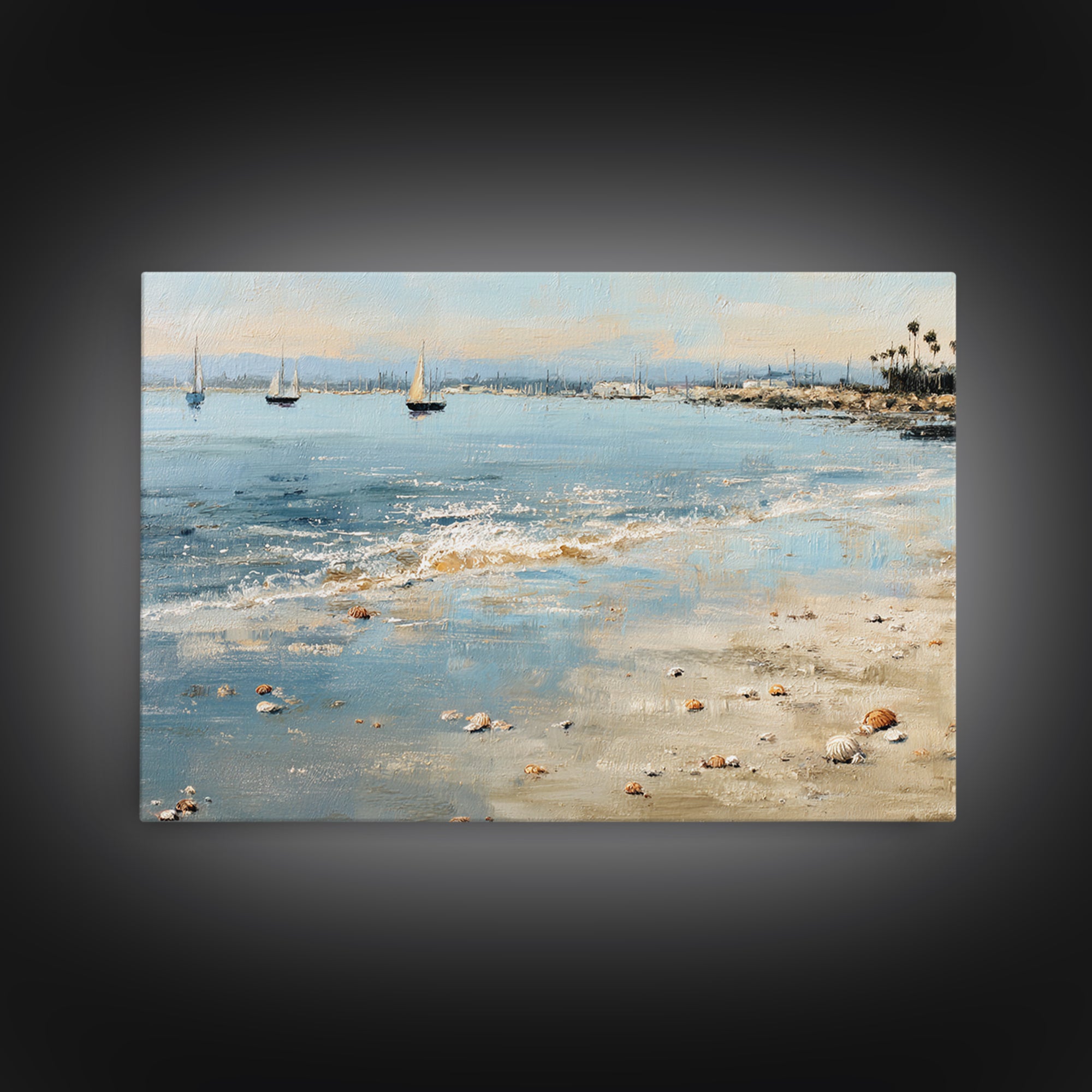 Foggy Harbor with Distant Boats Framed Canvas Print, Coastal Art, Beach Wall Art, Coastal Decor, Oil Painting, Coastal, COA-3x2-40