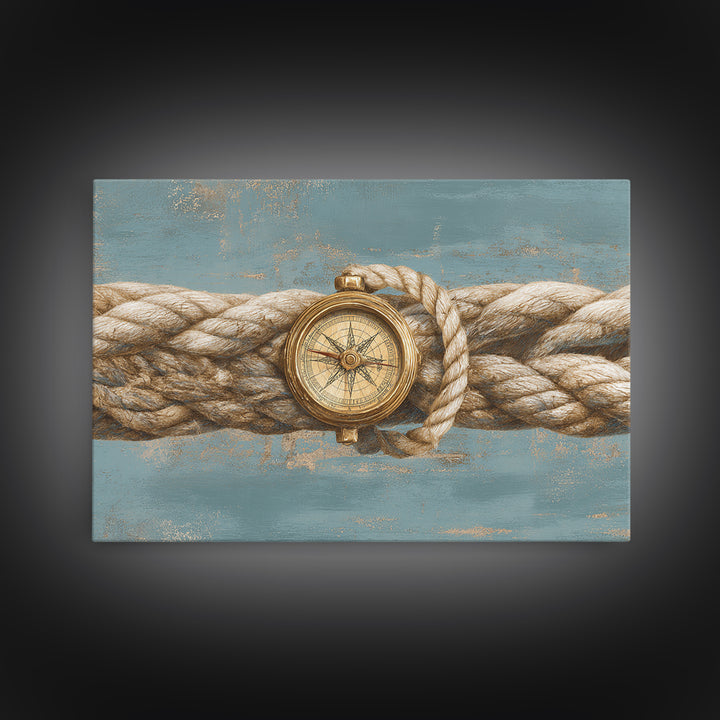 Weathered Nautical Rope and Brass Compass Canvas Print, Coastal Art, Oyster Art, Coastal Decor, Abstract Art, Coastal, COA-3x2-43