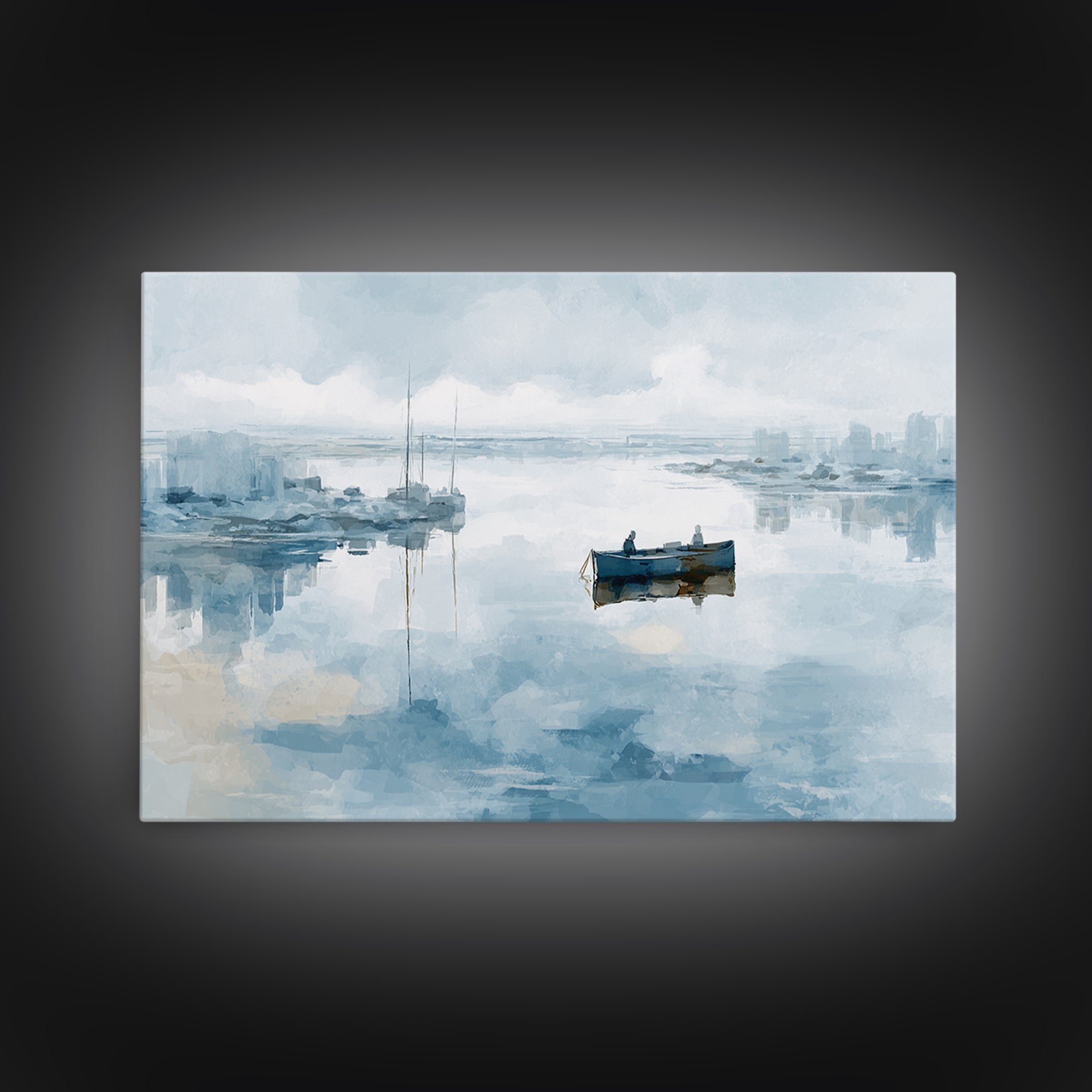 Foggy Harbor with Distant Boats Framed Canvas Print, Coastal Art, Gallery Decor, Coastal Decor, Abstract Art, Coastal, COA-3x2-64