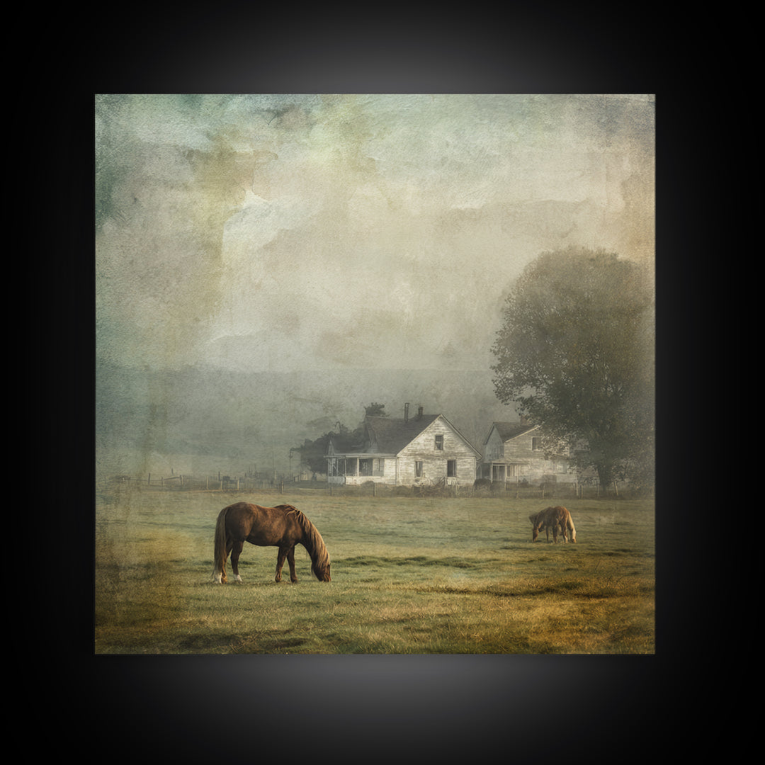 Rolling Pasture with Grazing Horses at Sunrise Framed Canvas Print, Country Art, Farmhouse Wall Art, Farmhouse Decor, Country, COU-1x1-1