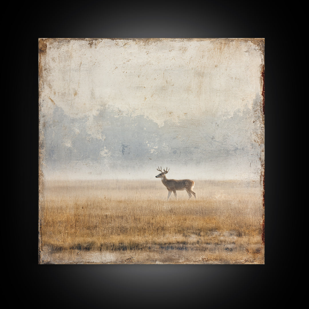 Deer Crossing a Misty Morning Field Framed Canvas Print, Country Art, Large Wall Art, Farmhouse Decor, Fine Art, Country, COU-1x1-11