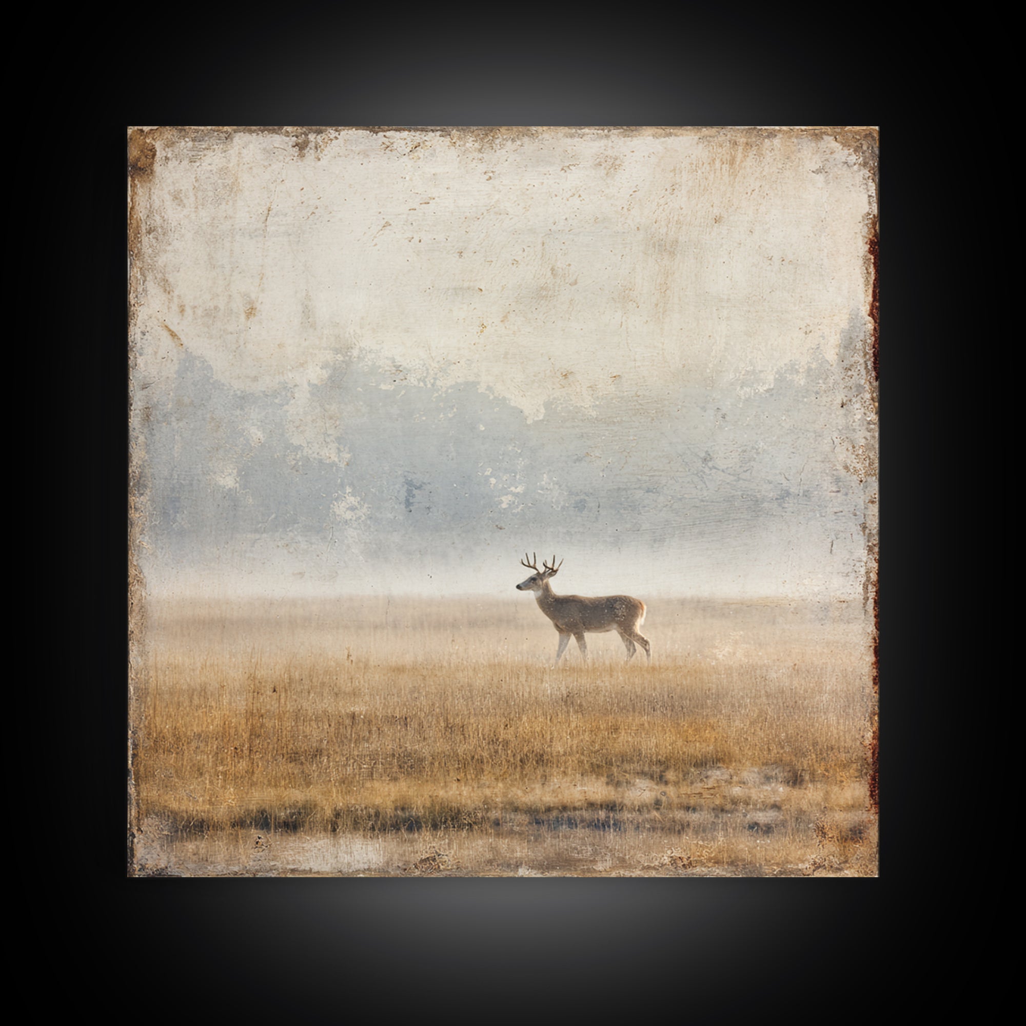 Deer Crossing a Misty Morning Field Framed Canvas Print, Country Art, Large Wall Art, Farmhouse Decor, Fine Art, Country, COU-1x1-11