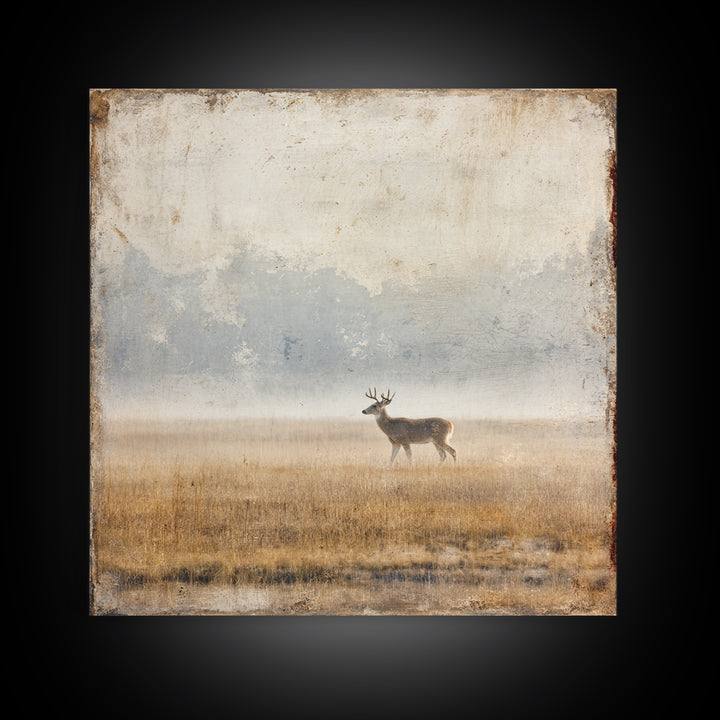 Deer Crossing a Misty Morning Field Framed Canvas Print, Country Art, Large Wall Art, Farmhouse Decor, Fine Art, Country, COU-1x1-11