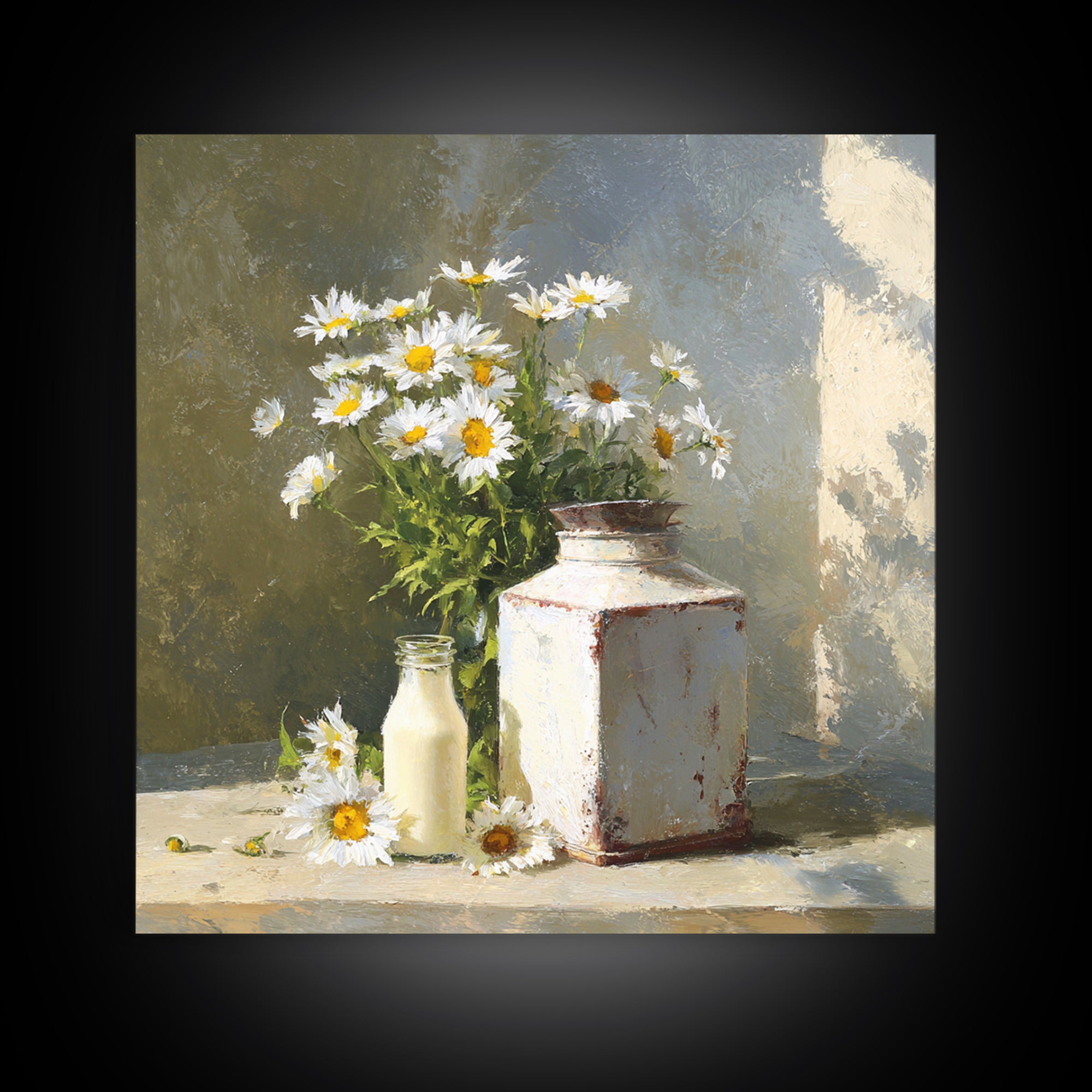 Milk Can and Daisies Rustic Still Life Canvas Print, Country Art, Eclectic Wall Art, Farmhouse Decor, Watercolor Art, Country, COU-1x1-13