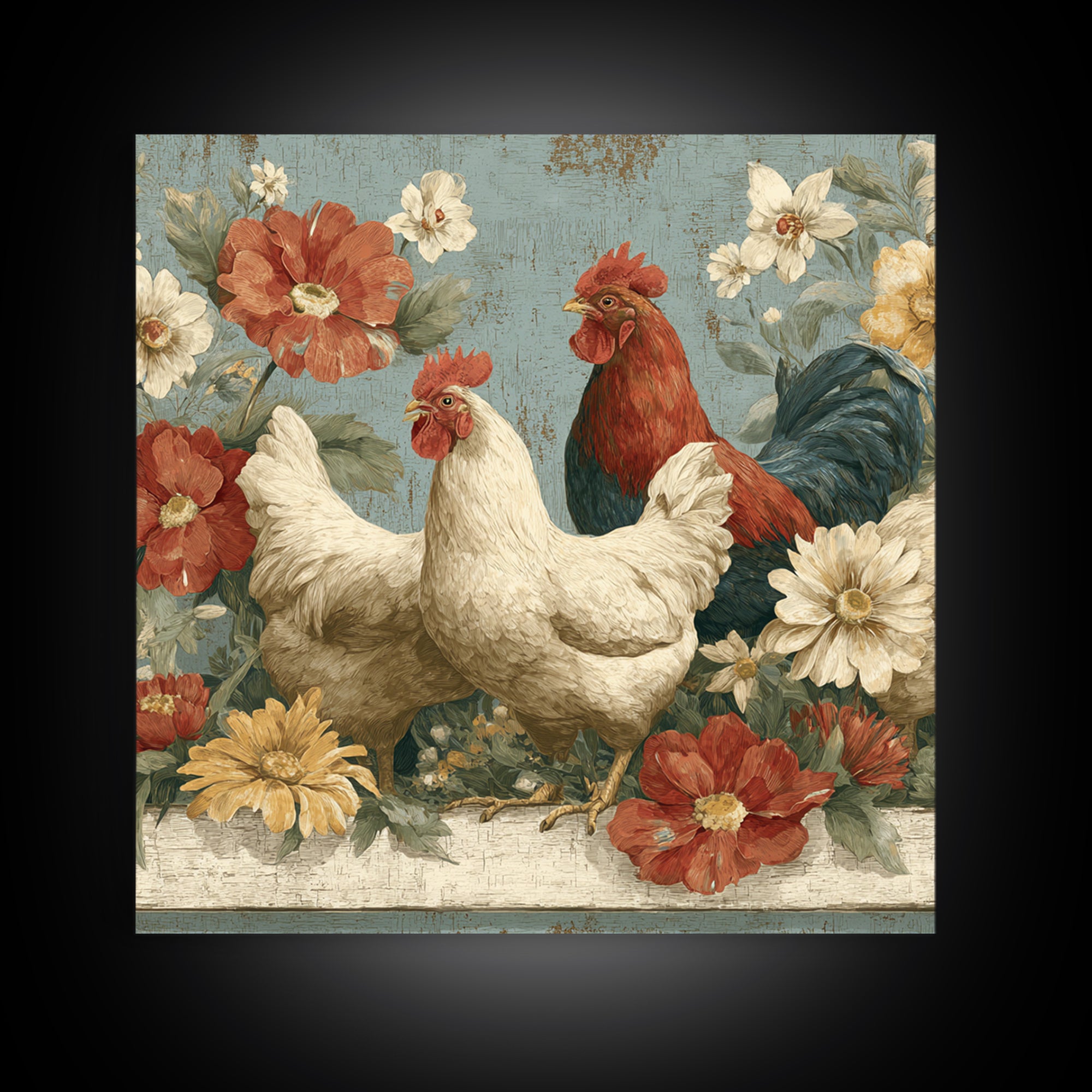 Chickens Pecking Near Garden Flowers Canvas Print, Country Art, Digital Art Prints, Farmhouse Decor, Fine Art, Country, COU-1x1-14