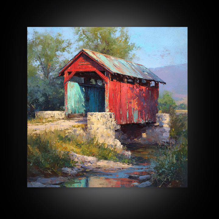 Covered Bridge over a Quiet Creek Canvas Print, Country Art, Farmhouse Decor, Oil Painting, Country, French Country Decor, COU-1x1-15
