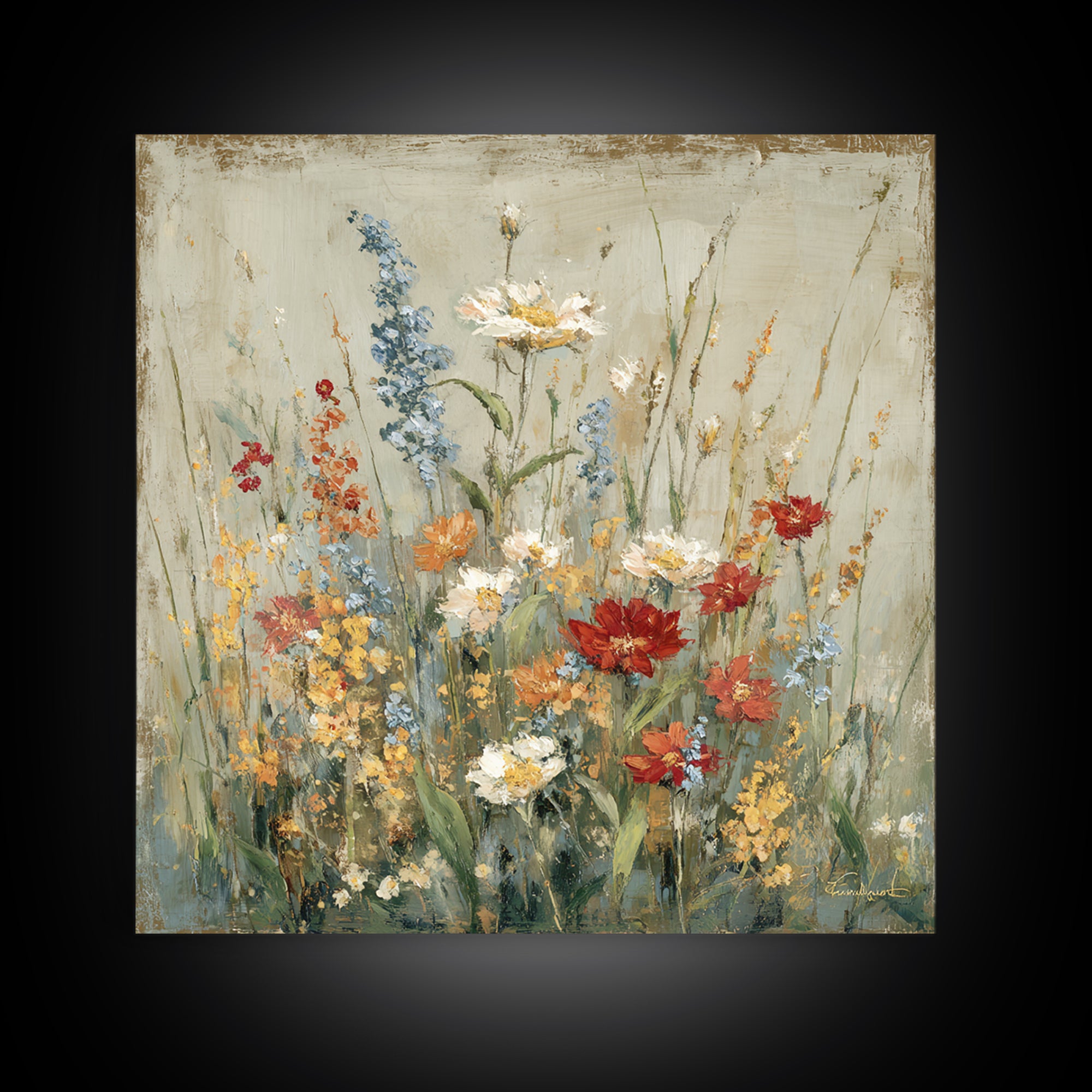 Wildflower Meadow Beside an Old Fence Framed Canvas Print, Country Art, Watercolor Painting, Farmhouse Decor, Oil Painting, COU-1x1-2