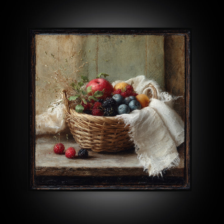 Blackberry Basket with Linen Cloth Framed Canvas Print, Country Art, French Country, Farmhouse Decor, Fine Art, Country, COU-1x1-21