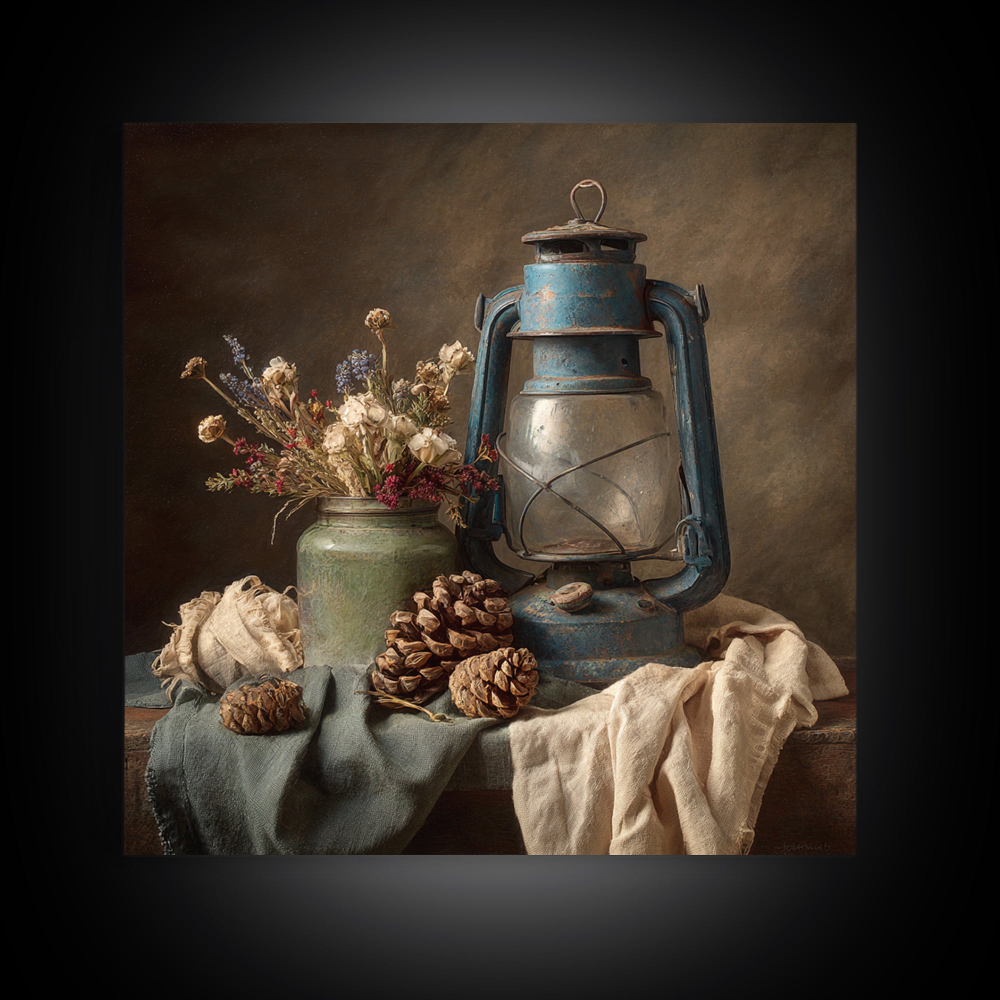 Old Lantern and Pinecones Still Life Framed Canvas Print, Country Art, Landscape Painting, Farmhouse Decor, Watercolor Art, COU-1x1-24