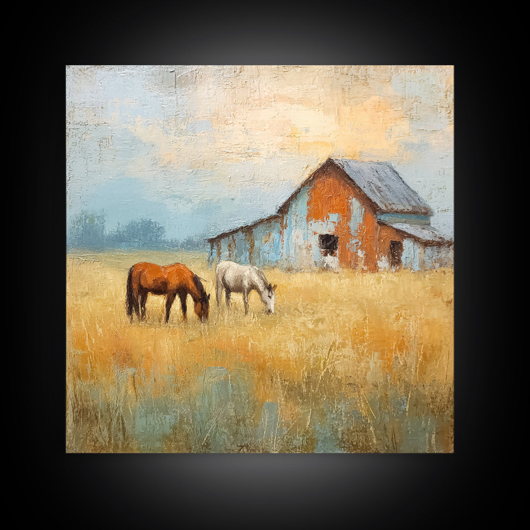 Rolling Pasture with Grazing Horses at Sunrise Canvas Print, Country Art, Neutral Decor, Farmhouse Decor, Fine Art, Country, COU-1x1-25