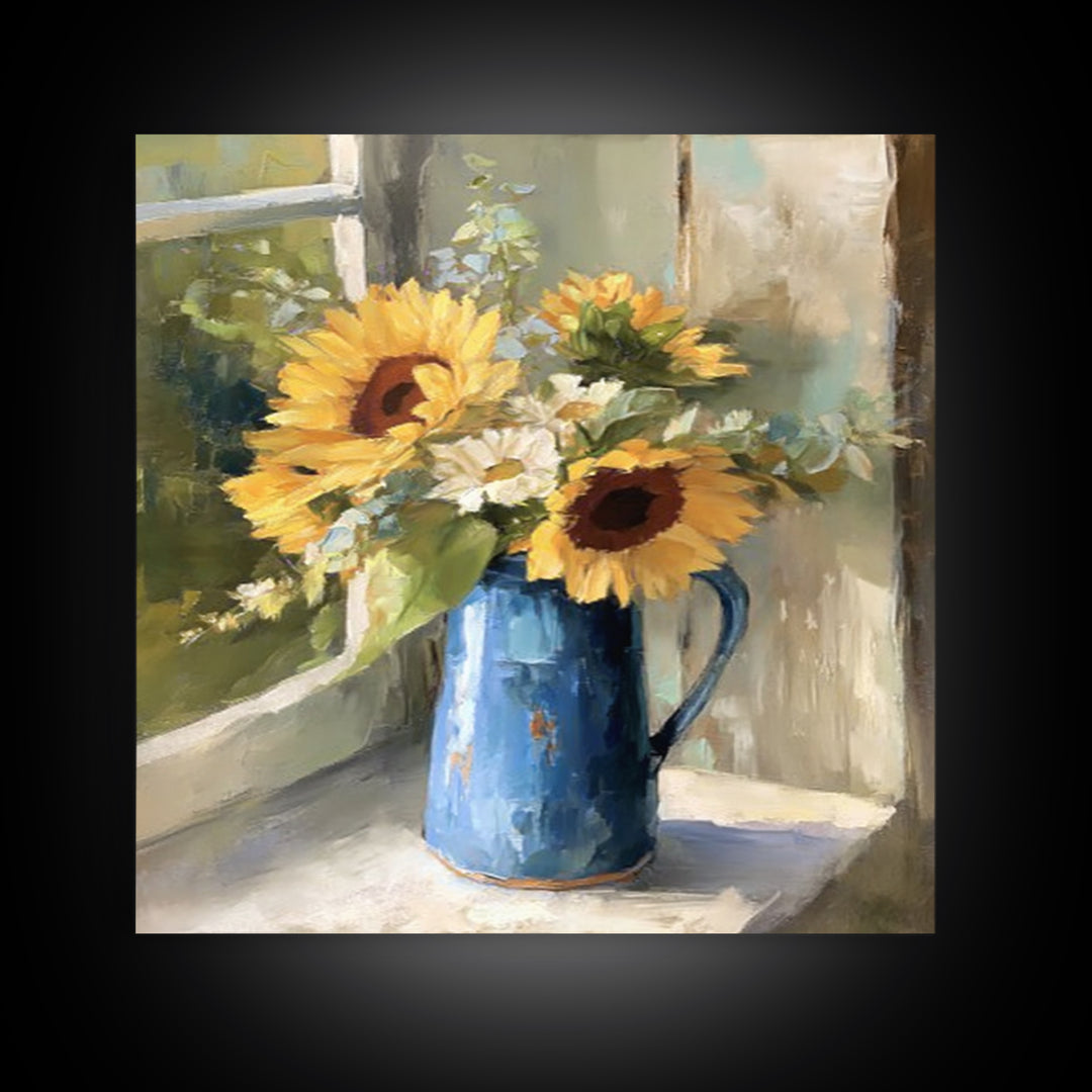 Sunflowers in a Blue Enamel Pitcher Framed Canvas Print, Country Art, Gallery Decor, Farmhouse Decor, Fine Art, Country, COU-1x1-32