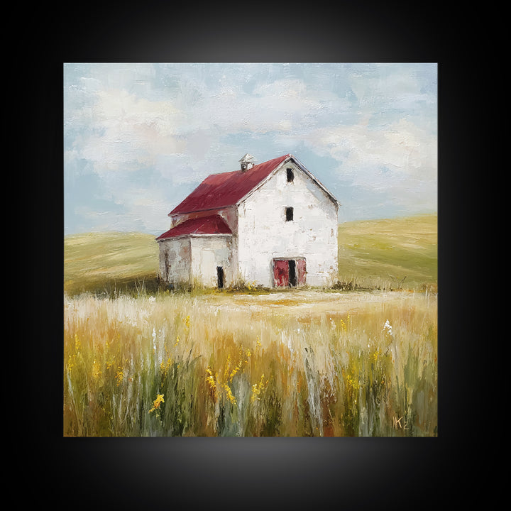 White Farmhouse Surrounded by Tall Grass Framed Canvas Print, Country Art, French Country, Farmhouse Decor, Watercolor Art, COU-1x1-34