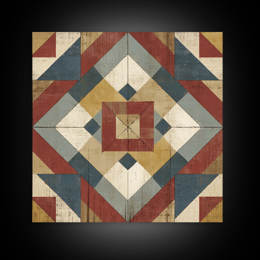 Quilt Geometric Folk Pattern Canvas Print, Country Art, Oil Painting, Farmhouse Decor, Abstract Art, Country, COU-1x1-36