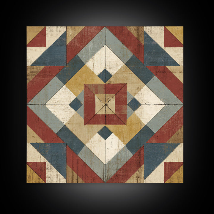 Quilt Geometric Folk Pattern Canvas Print, Country Art, Oil Painting, Farmhouse Decor, Abstract Art, Country, COU-1x1-36