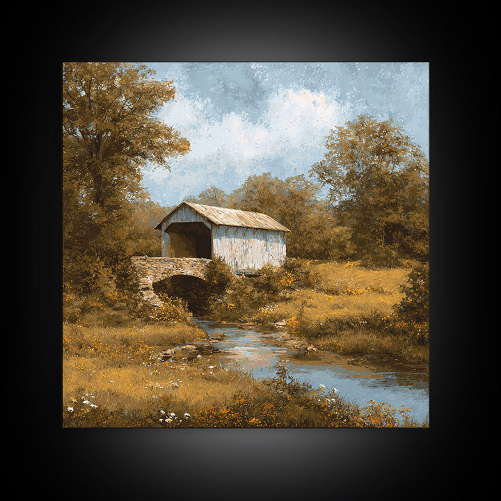 Covered Bridge over a Quiet Creek Framed Canvas Print, Country Art, Watercolor Painting, Farmhouse Decor, Fine Art, Country, COU-1x1-39