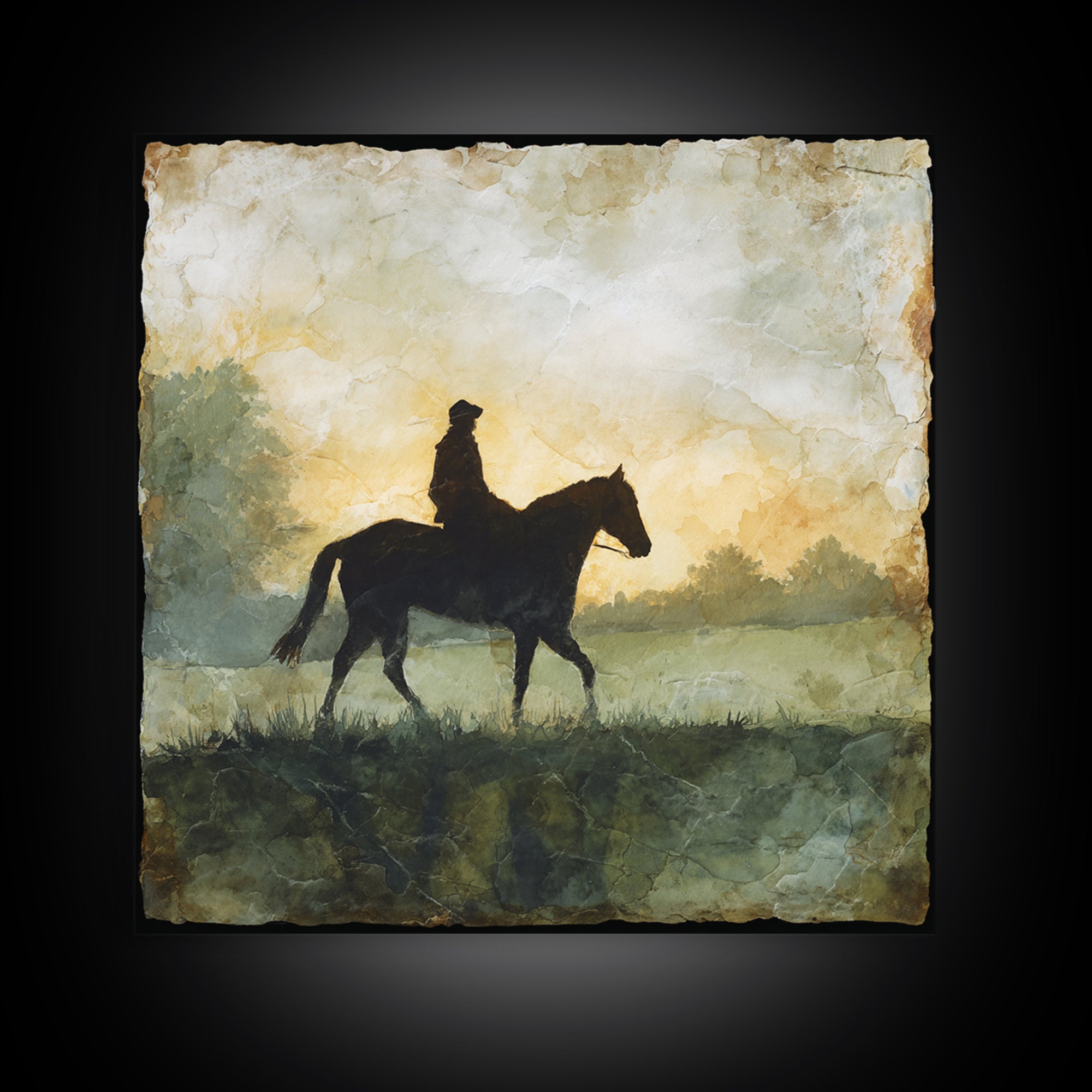 Horse and Rider Silhouette at Dusk Framed Canvas Print, Country Art, Gallery Decor, Farmhouse Decor, Fine Art, Country, COU-1x1-41