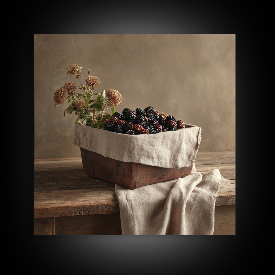 Blackberry Basket with Linen Cloth Canvas Print, Country Art, Wall Decor, Farmhouse Decor, Abstract Art, Country, Wall Art, COU-1x1-45