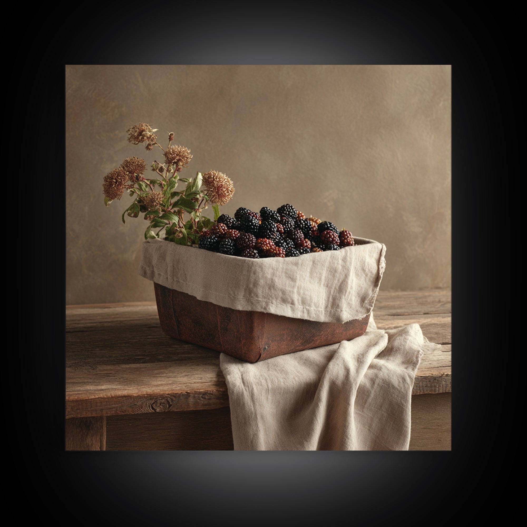 Blackberry Basket with Linen Cloth Canvas Print, Country Art, Wall Decor, Farmhouse Decor, Abstract Art, Country, Wall Art, COU-1x1-45
