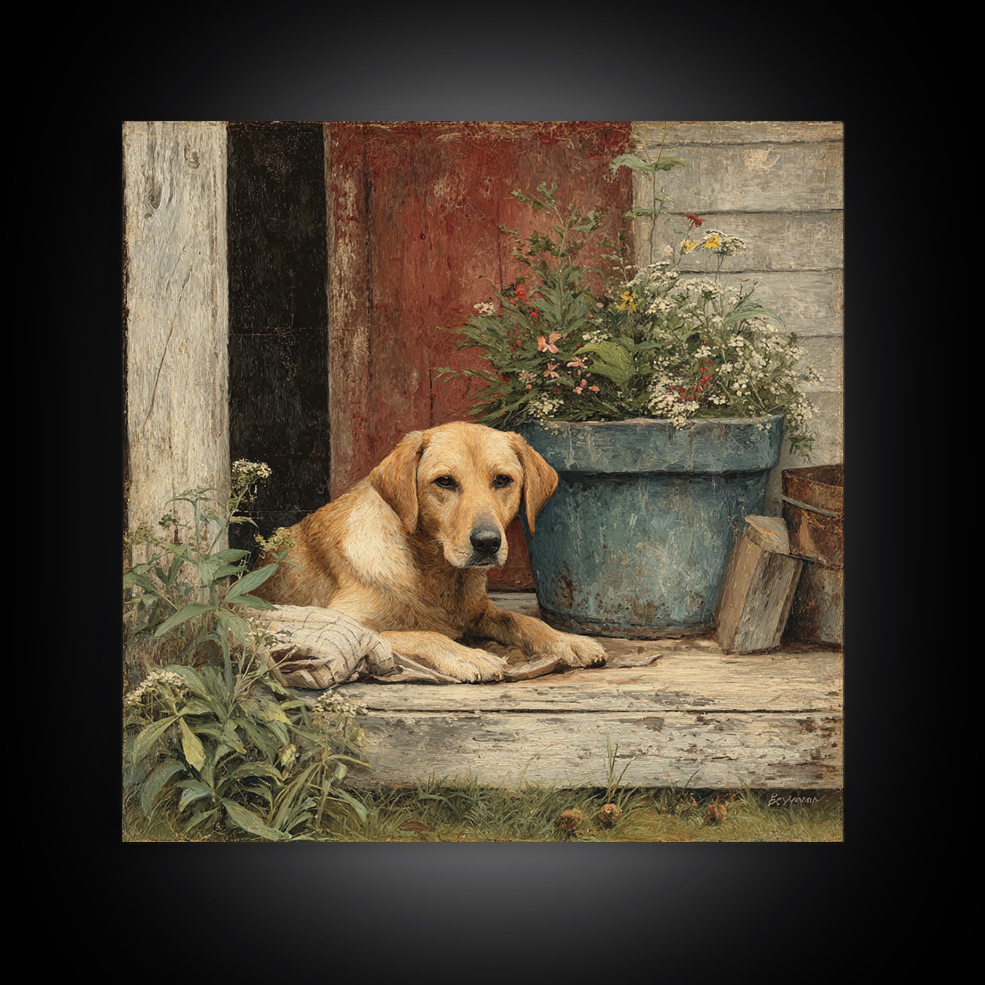 Dog Resting Beside a Porch Flower Pot Framed Canvas Print, Country Art, Landscape Painting, Farmhouse Decor, Oil Painting, COU-1x1-46
