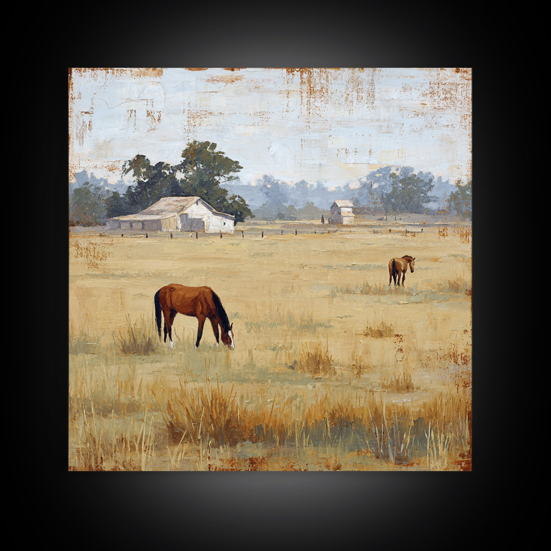 Rolling Pasture with Grazing Horses at Sunrise Canvas Print, Country Art, Neutral Decor, Farmhouse Decor, Fine Art, Country, COU-1x1-49